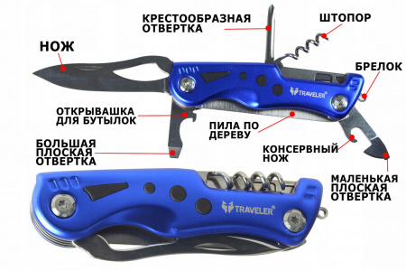 Мультиинструмент 9 в 1, 11см, нож, штопор, напильник, 3отвертки,открывалка,брелок,цв.синий / 701964